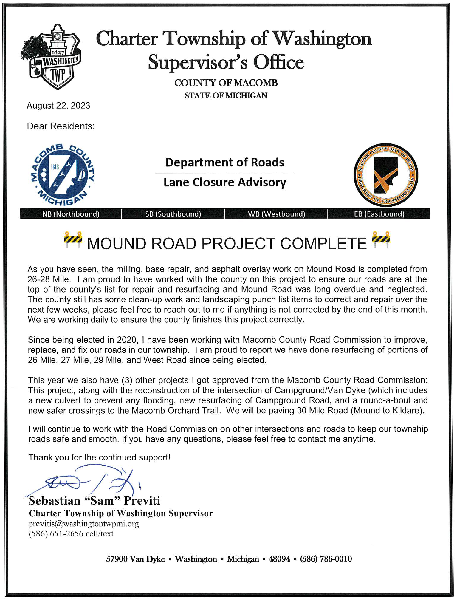 Mound Rd Paving Complete Letter Image